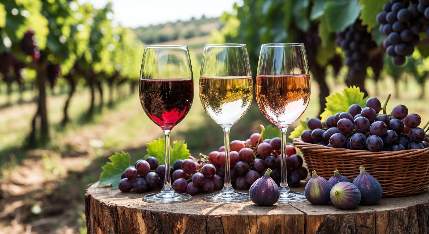 A rustic wooden table in a sunlit Turkish vineyard holds three elegant wine glasses—one filled with a deep ruby-red Cabernet Sauvignon, another with a pale rosé, and the third with a rich Merlot—surrounded by clusters of ripe grapes and a basket of fresh figs.