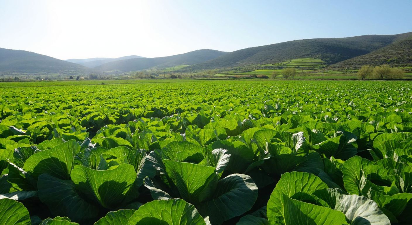 A lush green Chinese cabbage field under bright sunlight, with rolling hills in the background, representing the fertile regions of the Mediterranean, Aegean, and Marmara in Turkey.