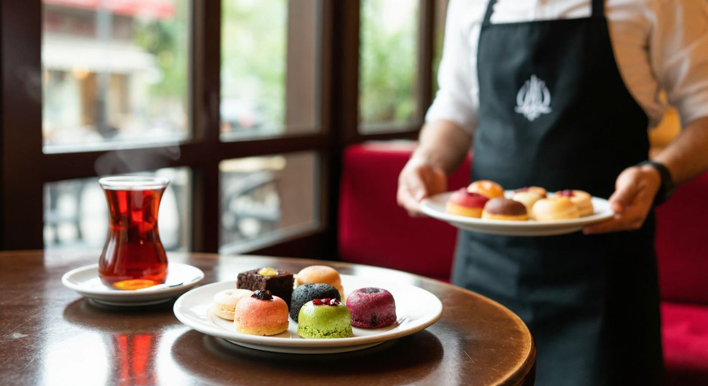A vibrant Turkish café table with a small plate of colorful mini pastries, a steaming cup of Turkish tea, and a smiling waiter in a white apron holding a tray of more treats.