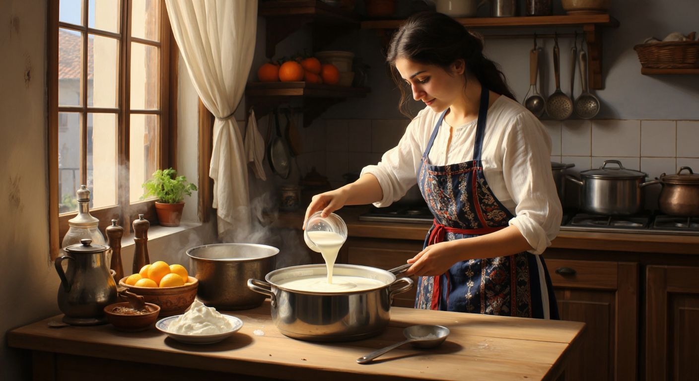 A warm Turkish kitchen with a wooden table holding a bowl of stretched, stringy yogurt, a thermometer nearby, and fresh milk being poured into a clean pot by a woman in a traditional apron.