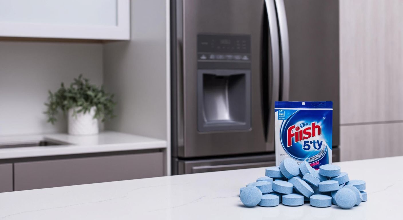 A neatly stacked pile of fifty Finish Ultimate Plus dishwasher tablets on a kitchen counter in Turkey, with a modern dishwasher slightly open in the background.