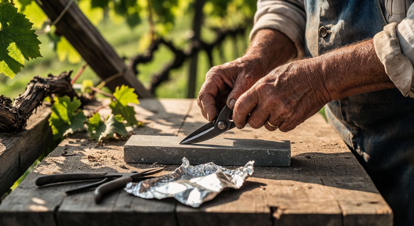 A close-up of weathered hands carefully sharpening vineyard shears on a whetstone, with scattered tools like sandpaper and aluminum foil on a rustic wooden table in a sunlit Turkish garden.