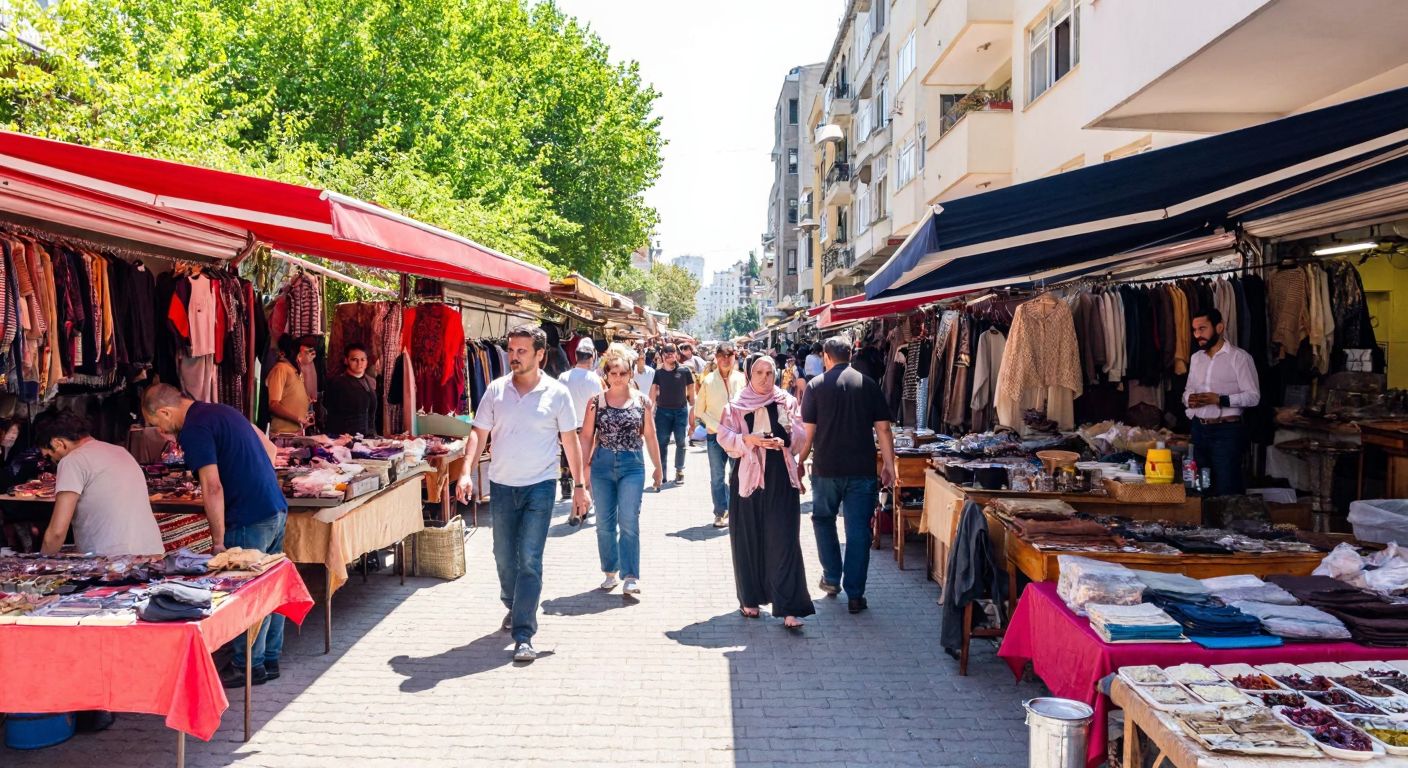 A bustling outdoor flea market in Kadıköy, with vendors displaying secondhand goods under colorful awnings along Kadife Sokak, surrounded by lively crowds and the aroma of freshly brewed Turkish tea.