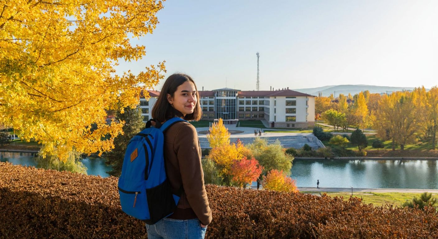 A young student with a backpack stands proudly in front of Anadolu University's modern campus in Eskişehir, framed by autumn trees and the distant Porsuk River.