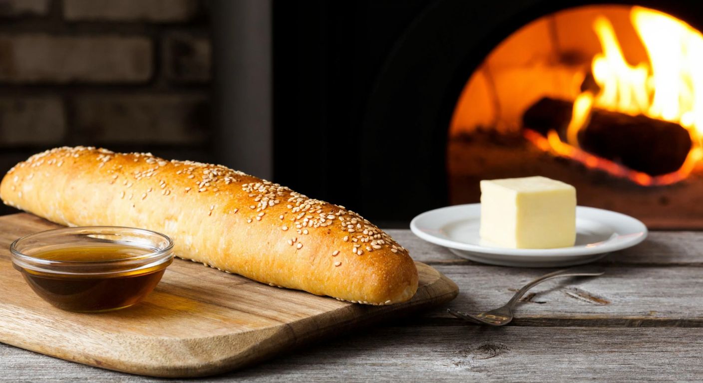 A golden-brown sesame-coated breadstick rests on a rustic wooden table beside a small bowl of vinegar, a block of butter, and a warm oven glowing in the background.