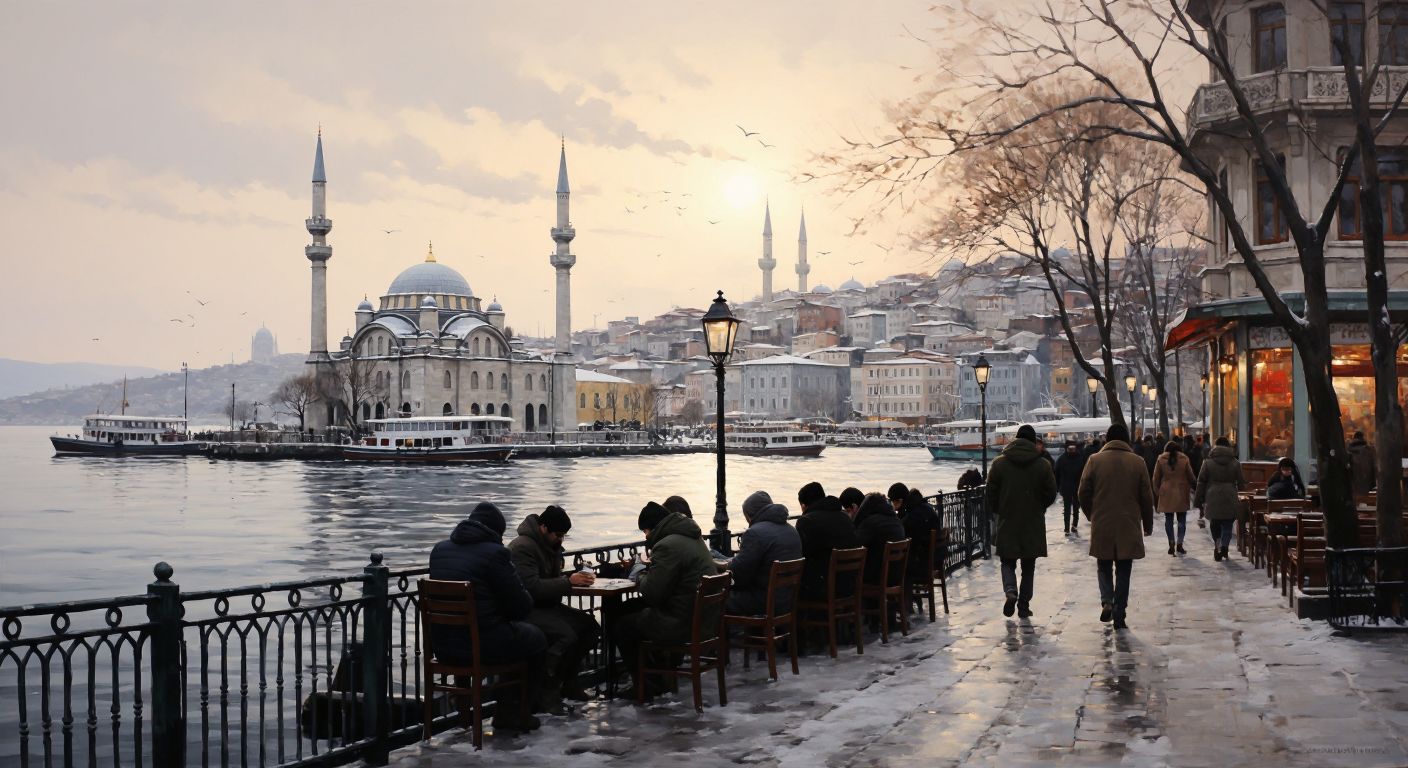 A chilly waterfront scene in Ortaköy with people bundled in coats, their breath visible in the crisp air, while the Bosphorus shimmers under a pale, overcast sky.