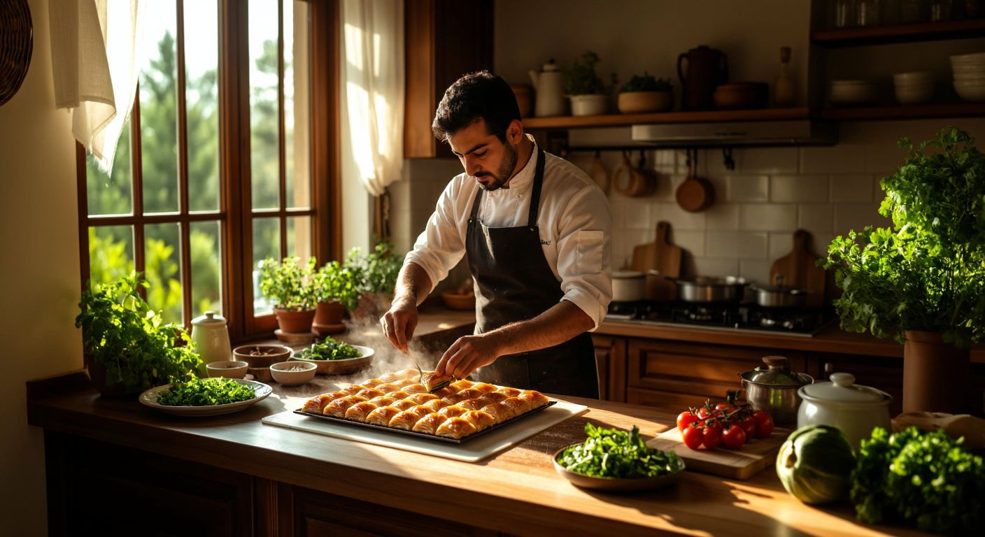 A Turkish baker in a sunlit kitchen confidently places golden baklava on a Silpat mat, surrounded by fresh ingredients and a warm, inviting atmosphere.