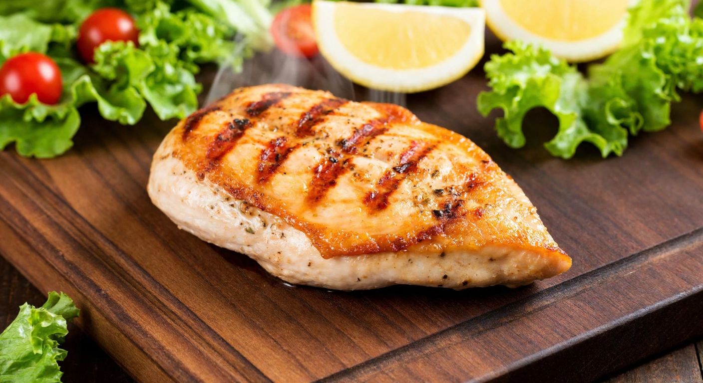 A golden-brown grilled chicken breast fillet resting on a rustic wooden cutting board, surrounded by fresh green salad leaves, cherry tomatoes, and lemon wedges, with steam rising from the meat.