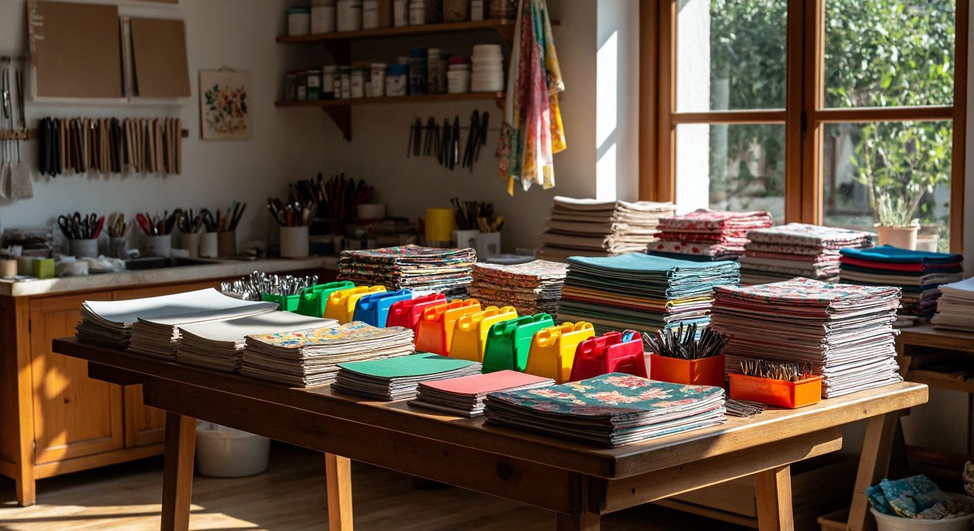 A wooden table in a sunlit Turkish craft room holds colorful plastic and stainless steel clamps neatly arranged beside stacks of paper and folded fabrics.