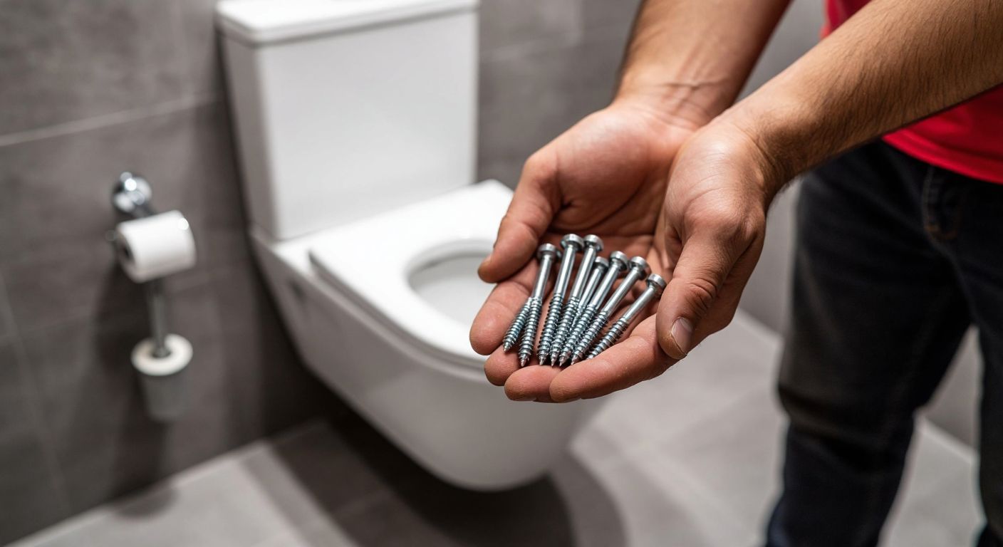 A close-up of a Turkish worker's hands holding two types of screws—wall-mounting screws and stud screws—against the backdrop of a partially installed wall-mounted toilet in a modern bathroom.