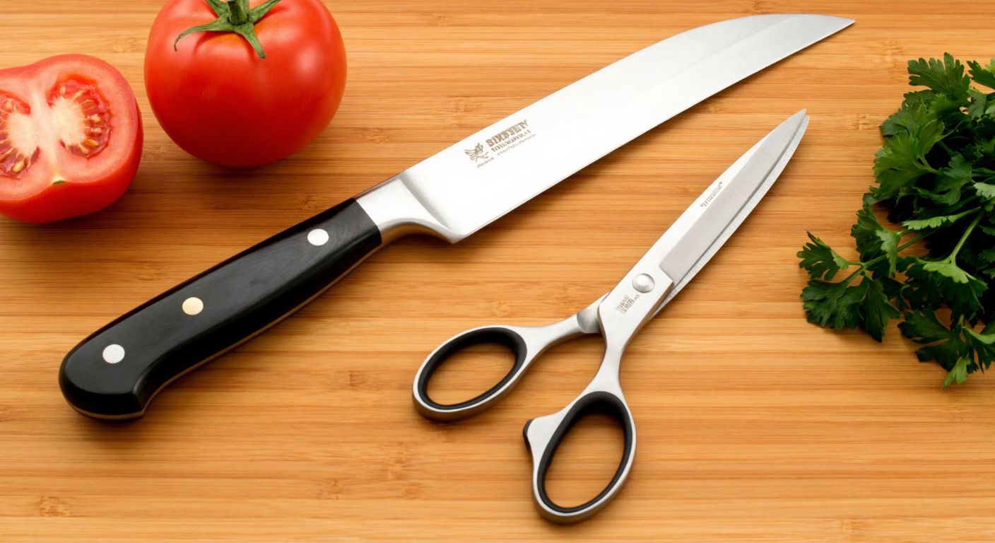 A gleaming razor-sharp knife and a sturdy pair of scissors lie side by side on a wooden kitchen counter in Turkey, with a freshly cut tomato and a snipped sprig of parsley nearby, illustrating their distinct uses.