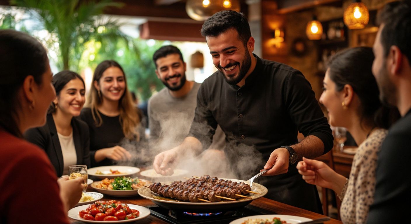 A warm Turkish dining scene with a smiling host placing a steaming plate of kebabs before a group of delighted foreign guests, their faces lit with appreciation.