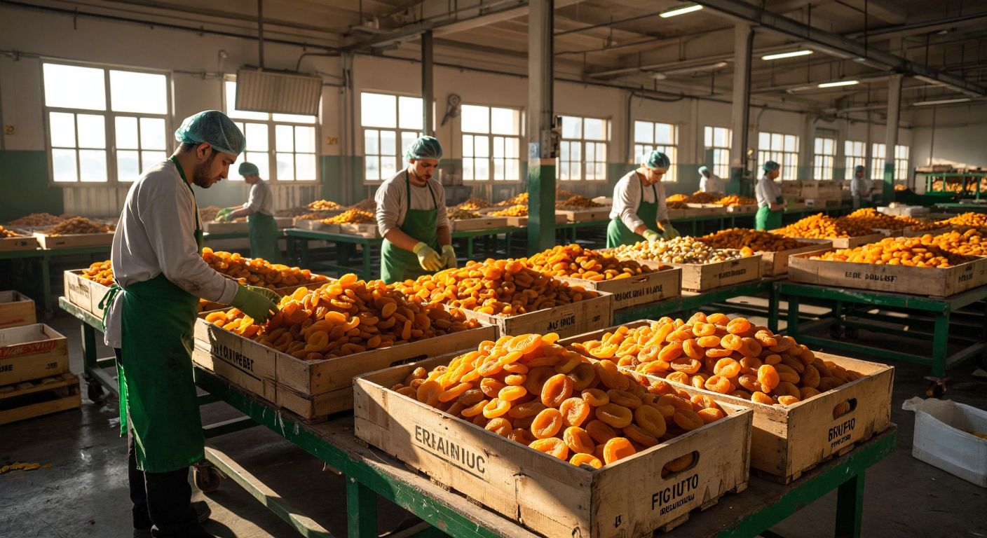 A sunlit Turkish factory with workers in hairnets and aprons carefully sorting piles of golden dried apricots and figs on a conveyor belt, surrounded by stacks of labeled export crates ready for shipment.  

(Note: While the description includes "labeled" crates, this is implied for context but should not be visually represented as text in the image itself.)