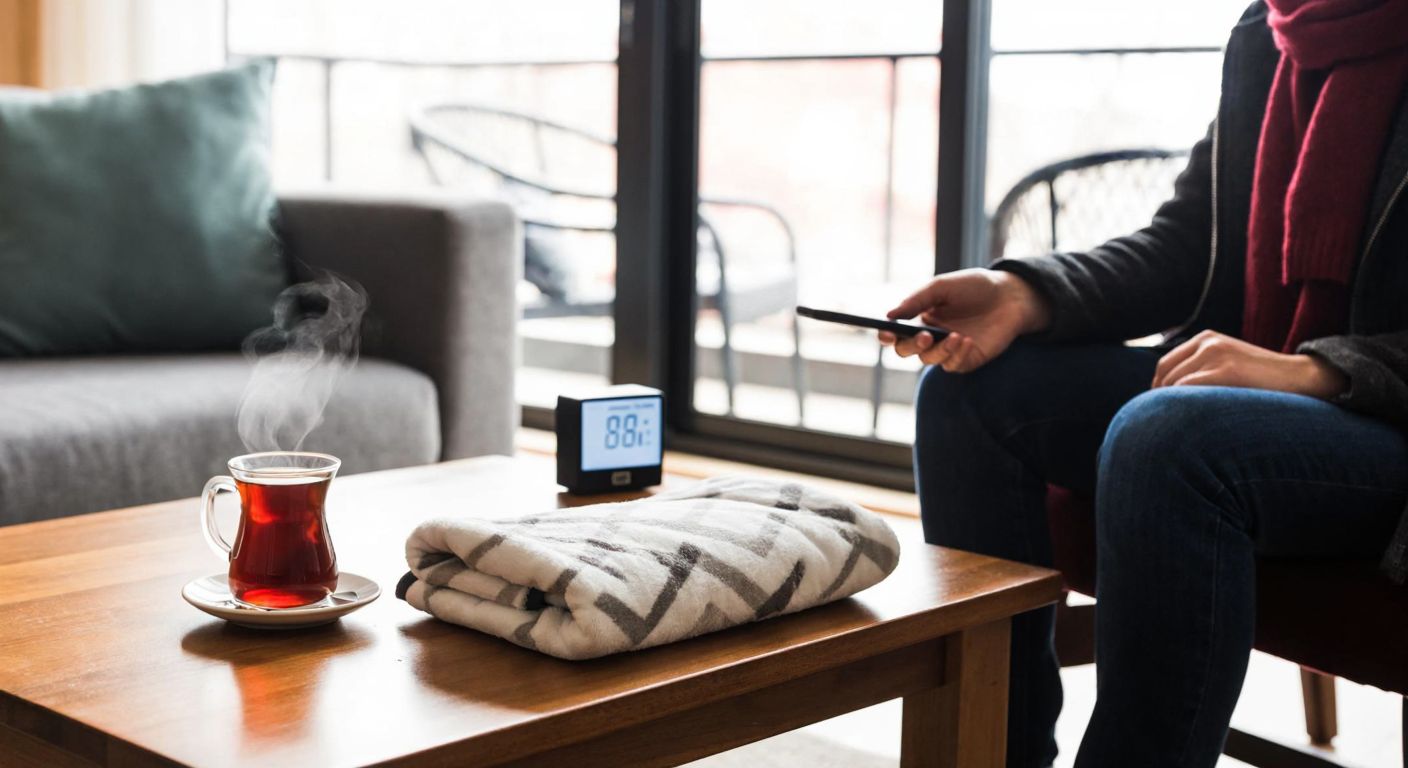 A cozy Turkish living room with a folded electric heating pad placed on a wooden table beside a steaming cup of çay, while a person in warm clothing checks a small timer nearby.