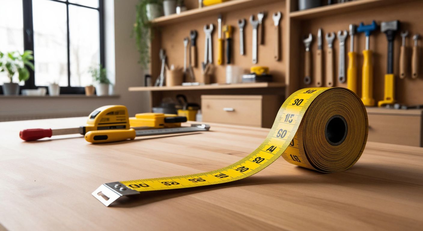 A yellow IKEA measuring tape unrolled on a wooden table in a Turkish home, showing its length against a backdrop of neatly organized DIY tools and a half-assembled piece of furniture.