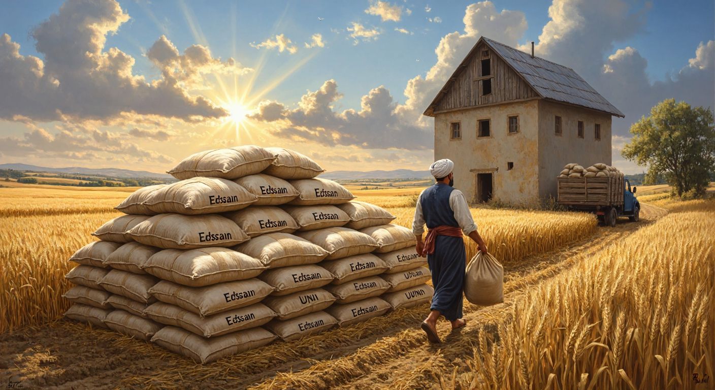 A rustic Turkish mill with sacks of flour labeled "Efsane Un" stacked neatly, surrounded by golden wheat fields under a bright sun, with a worker in traditional attire carrying a sack towards a BİM market truck.