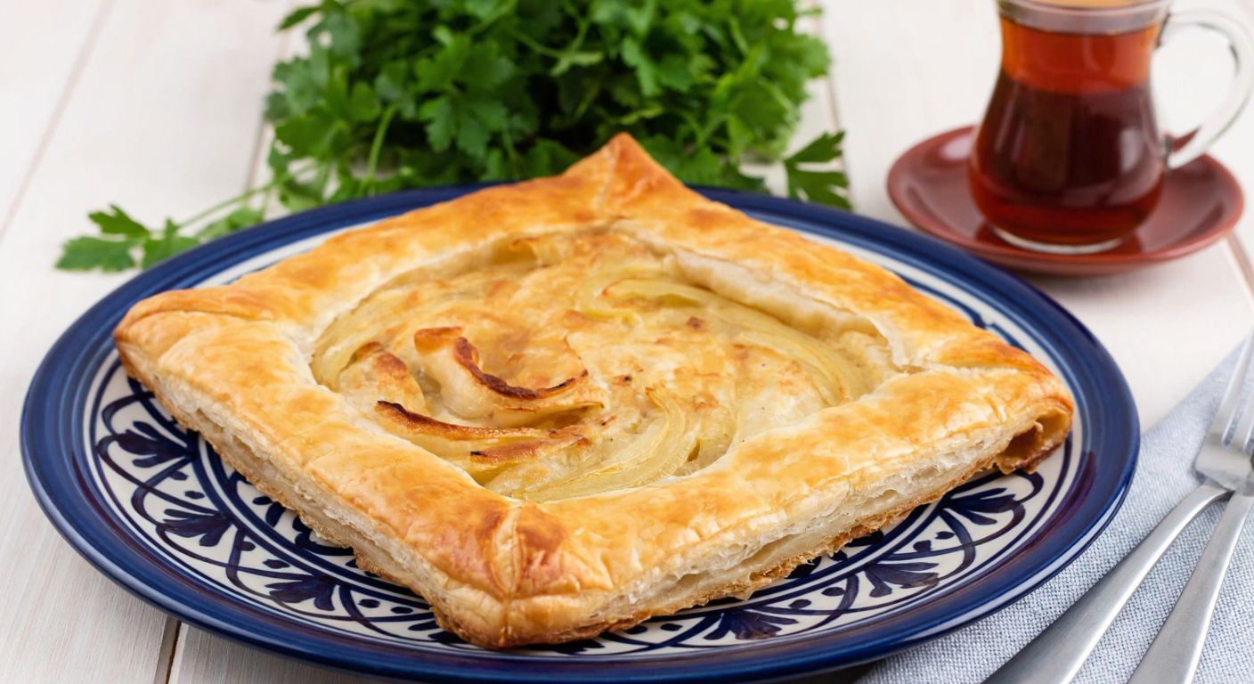 A golden-brown onion börek with flaky layers, resting on a traditional Turkish ceramic plate, surrounded by fresh parsley and a steaming cup of çay.
