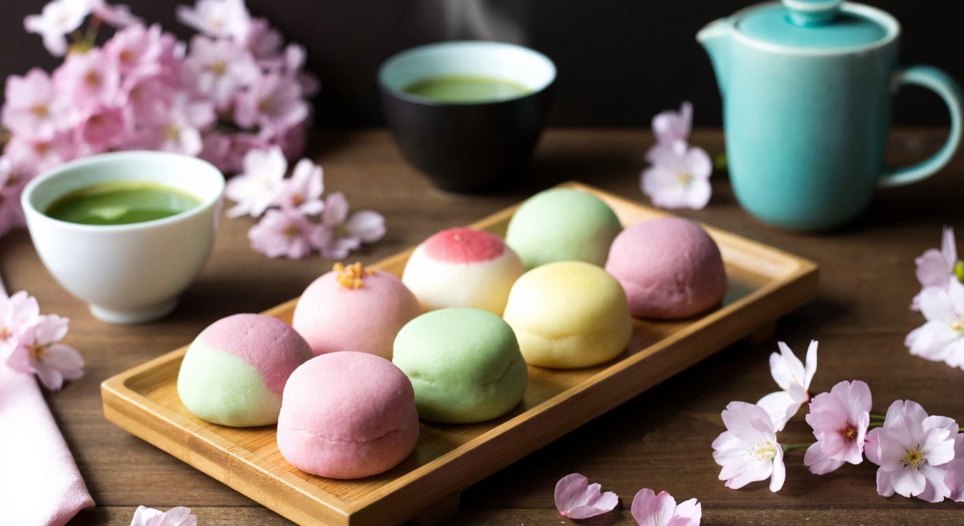 A vibrant Japanese tea house with a wooden tray holding soft, pastel-colored mochi cakes, surrounded by cherry blossom petals and a steaming cup of matcha.