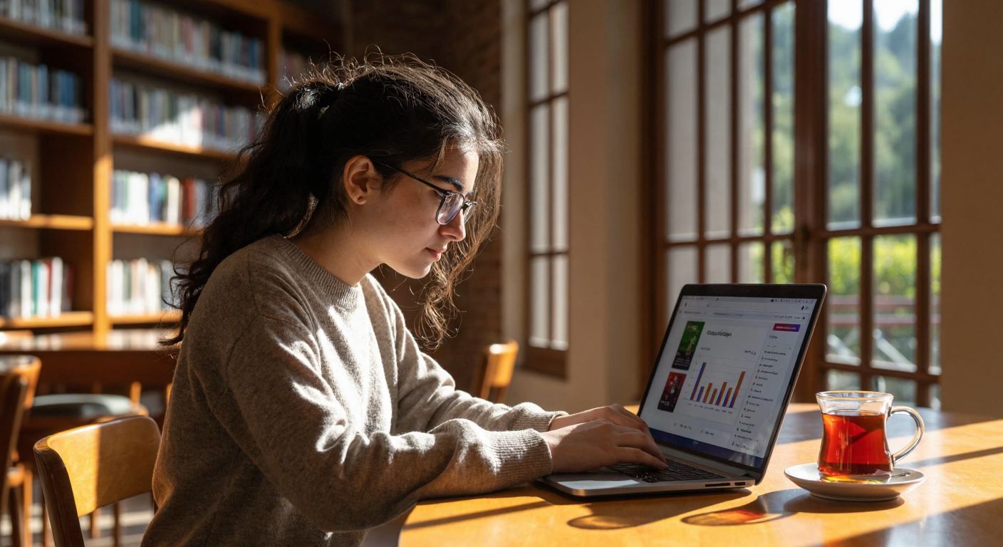 A young Turkish university student with dark hair and glasses sits at a wooden desk in a sunlit campus library, intently navigating a laptop screen displaying a colorful Moodle course dashboard, while a steaming cup of Turkish tea rests beside them.