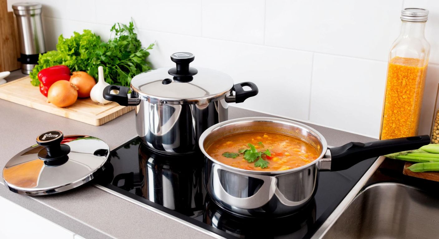 A Turkish kitchen countertop with two gleaming stainless steel pressure cookers—one with a conical base and removable handle (Vitavit Premium) and the other with a sleek, sturdy design (Vitaquick Premium)—placed beside fresh vegetables and a bubbling pot of lentil soup, evoking warmth and culinary deliberation.
