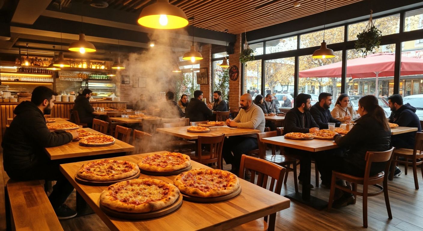 A warm, bustling pide restaurant in Bayraklı, with golden-brown pides fresh from the oven, steam rising, and locals chatting at wooden tables under soft yellow lighting.