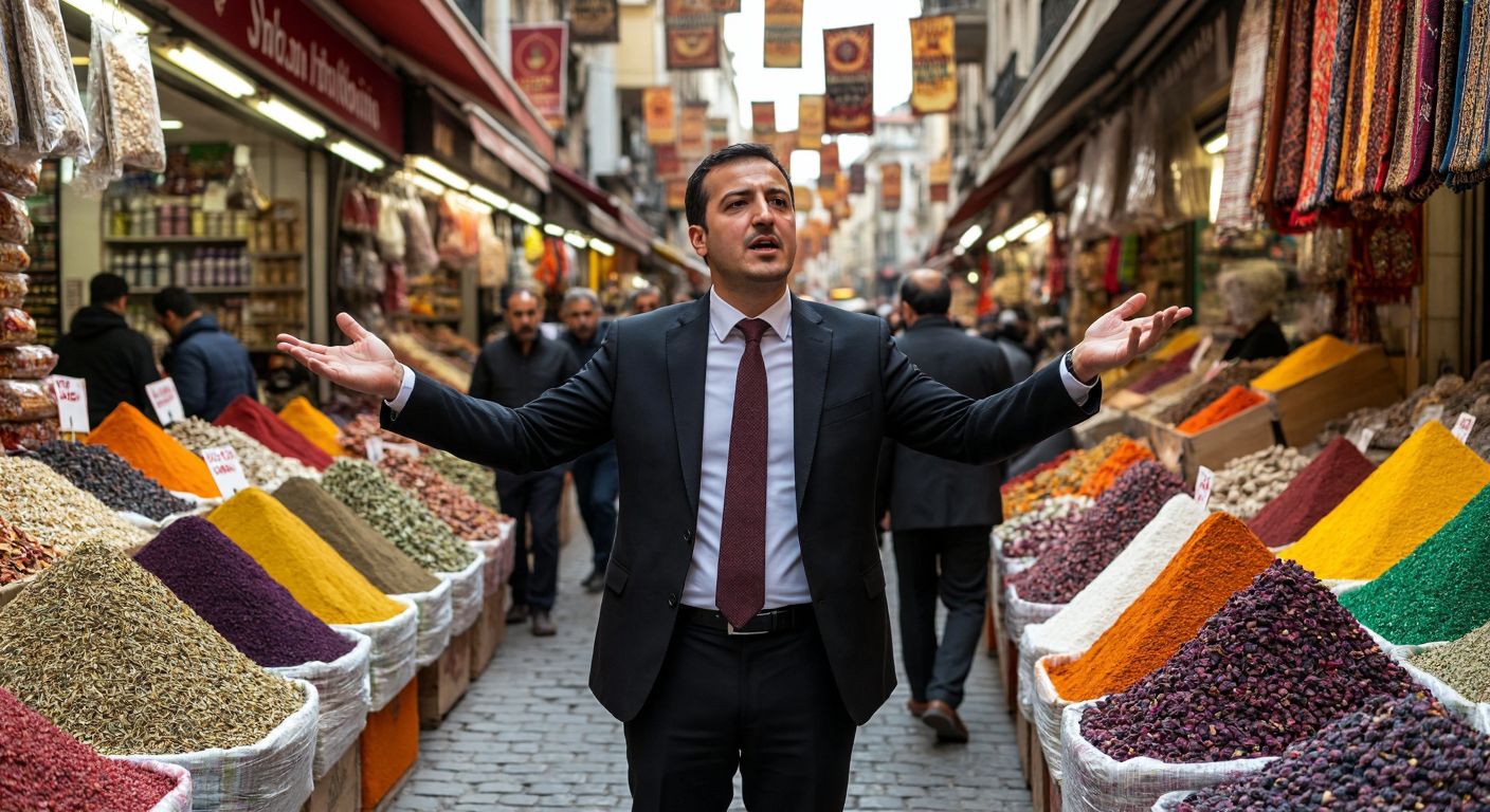 A Turkish economist in a formal suit stands in a bustling Istanbul bazaar, gesturing toward falling price tags on colorful stacks of spices and textiles, while vendors and shoppers exchange concerned glances.