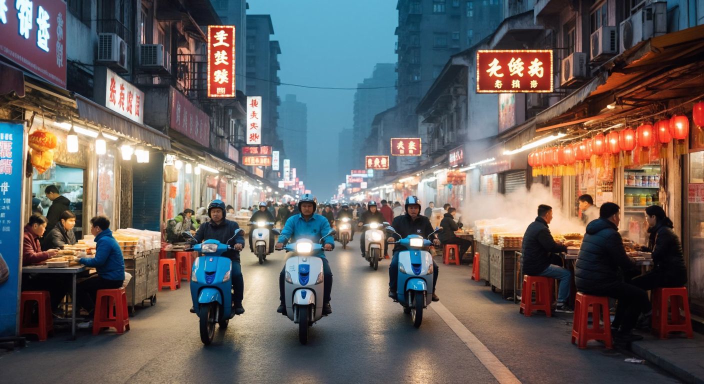 A bustling Chinese street scene with delivery riders on blue-and-white scooters carrying stacked food containers, weaving through neon-lit alleys lined with steaming street food stalls.