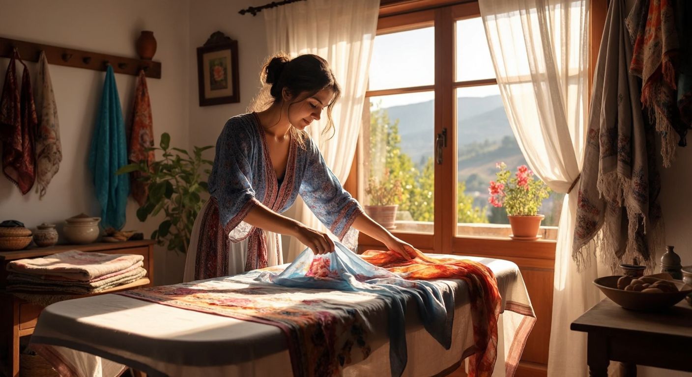 A woman in a cozy Turkish home carefully irons a delicate, colorful shawl on a clean ironing board, using a thin cloth to protect the fabric, with sunlight streaming through the window onto the neatly folded textiles nearby.
