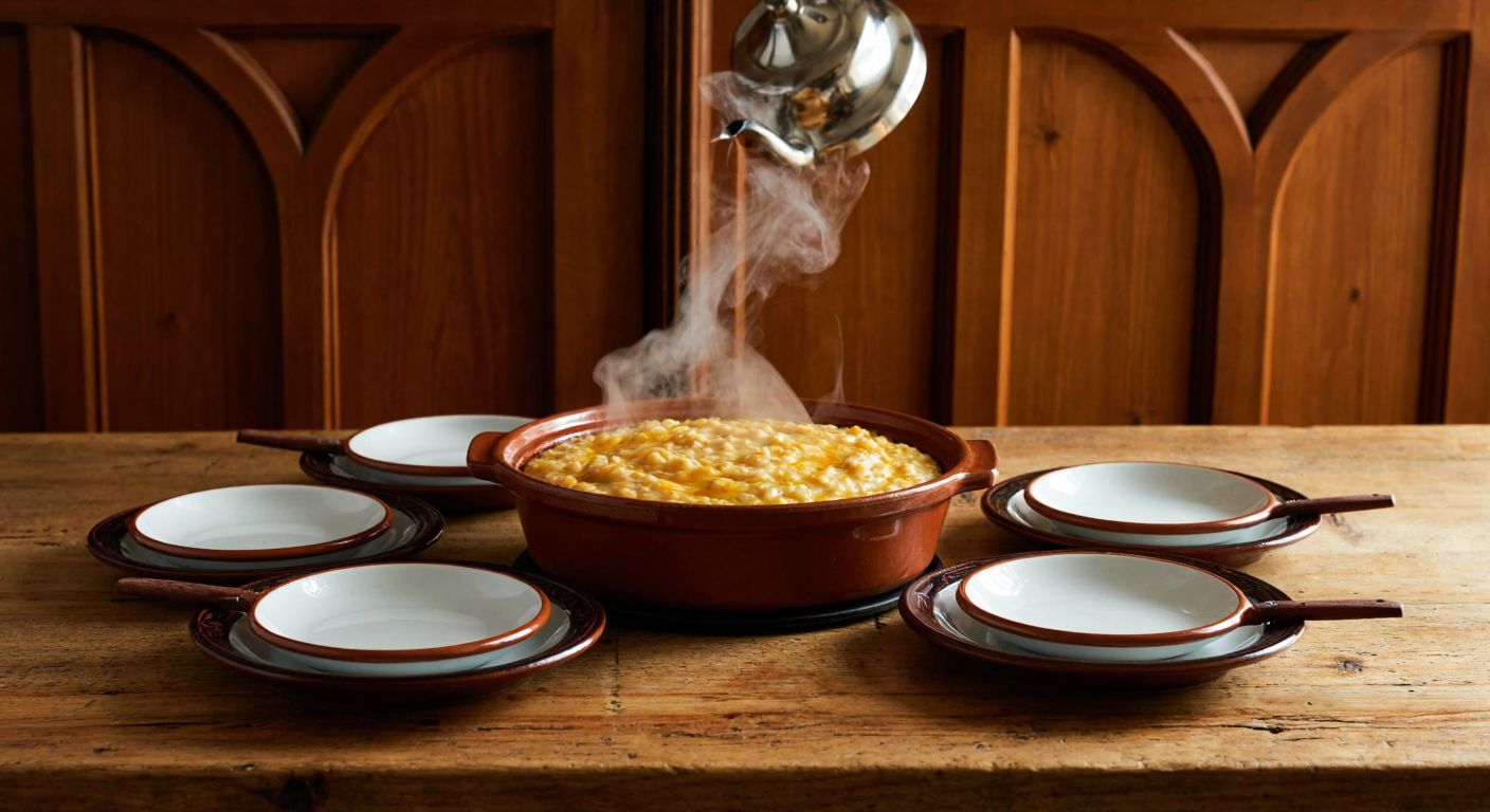 A steaming ceramic dish of golden-brown *keşkek* sits on a rustic wooden table, surrounded by eight empty plates and traditional Turkish spoons, evoking warmth and communal dining.
