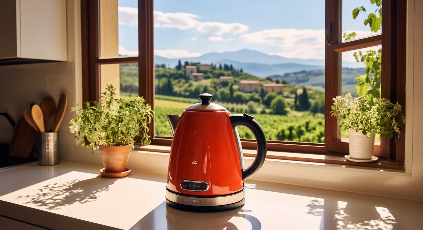 A sleek, retro-style electric kettle in vibrant colors sits on a kitchen counter with Italian countryside scenery visible through a sunlit window.