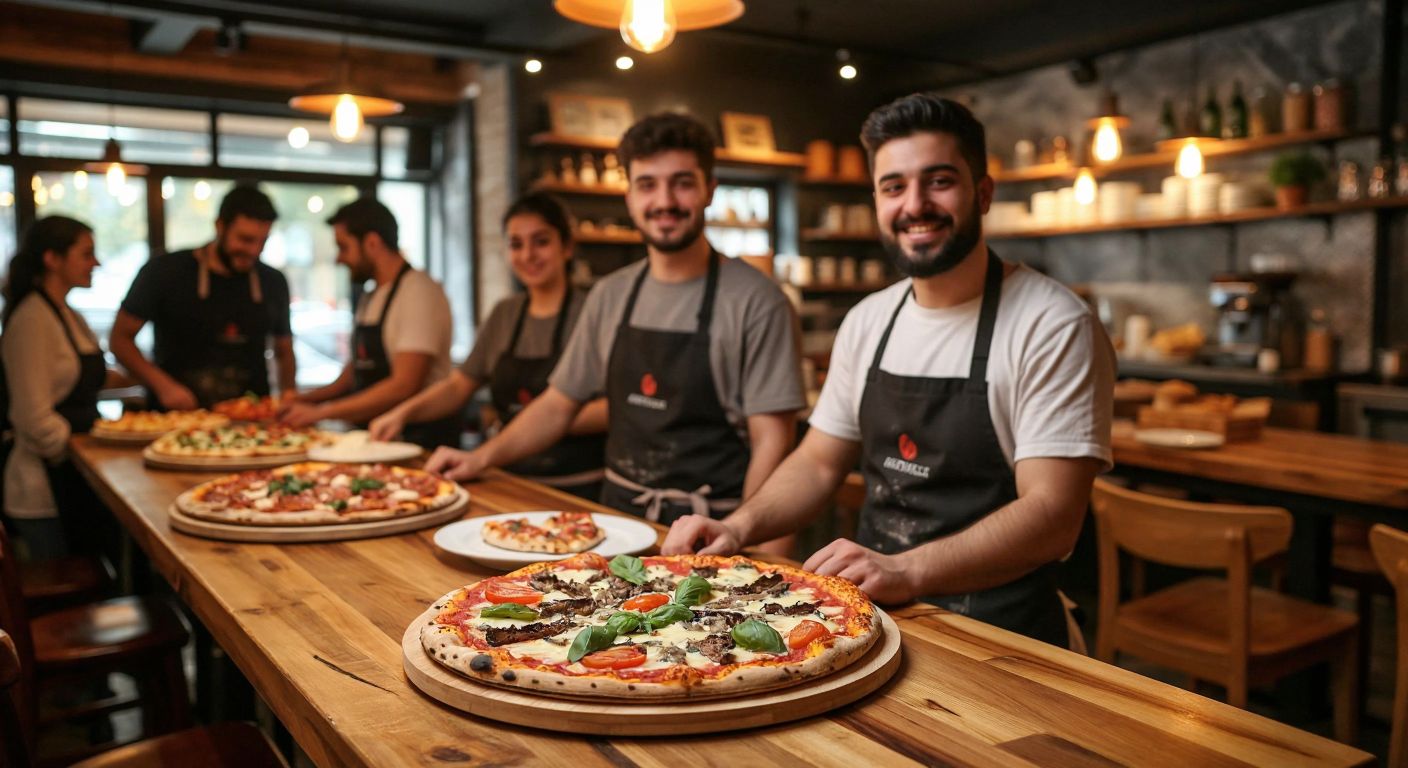 A cozy pizzeria in Bursa with warm lighting, a wooden table topped with a freshly baked pizza with diverse toppings, and smiling waiters in aprons serving a group of happy customers.