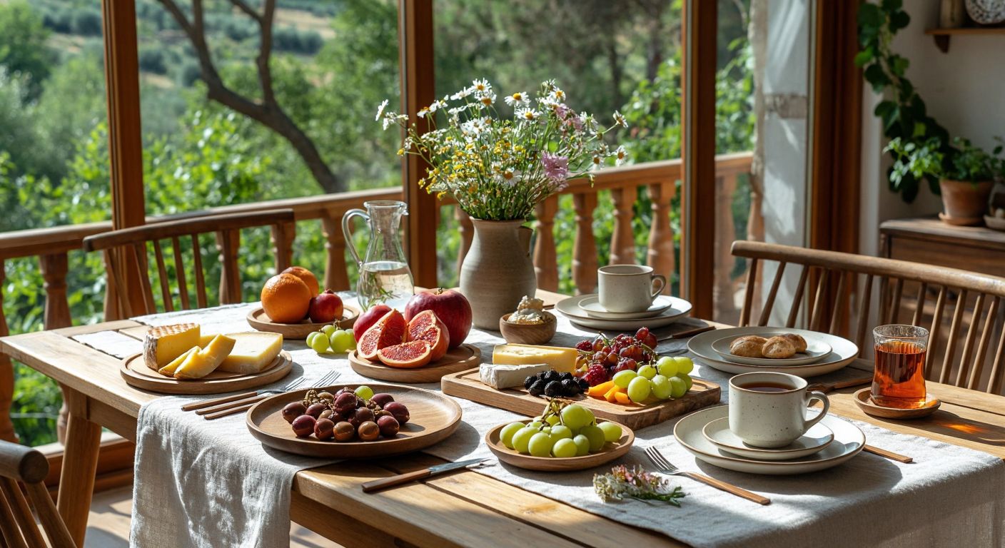 A sunlit wooden table in a Turkish home, neatly set with a light-colored tablecloth, pastel plates, wooden serving trays, polished cutlery, a steaming tea cup, fresh fruits, olives, cheeses, and a small vase of wildflowers.
