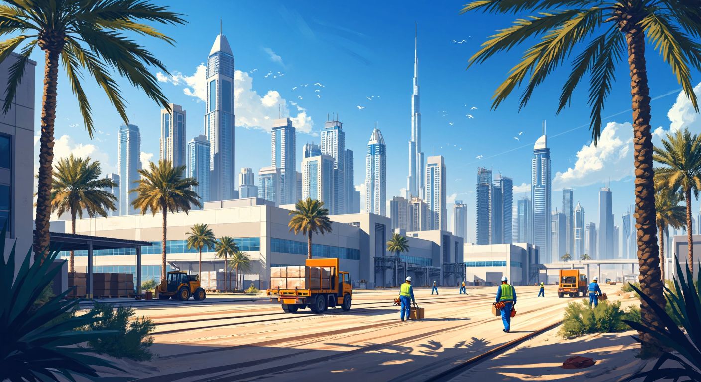 A modern industrial factory under a bright Dubai skyline, with workers in safety gear moving goods, surrounded by palm trees and desert sands.