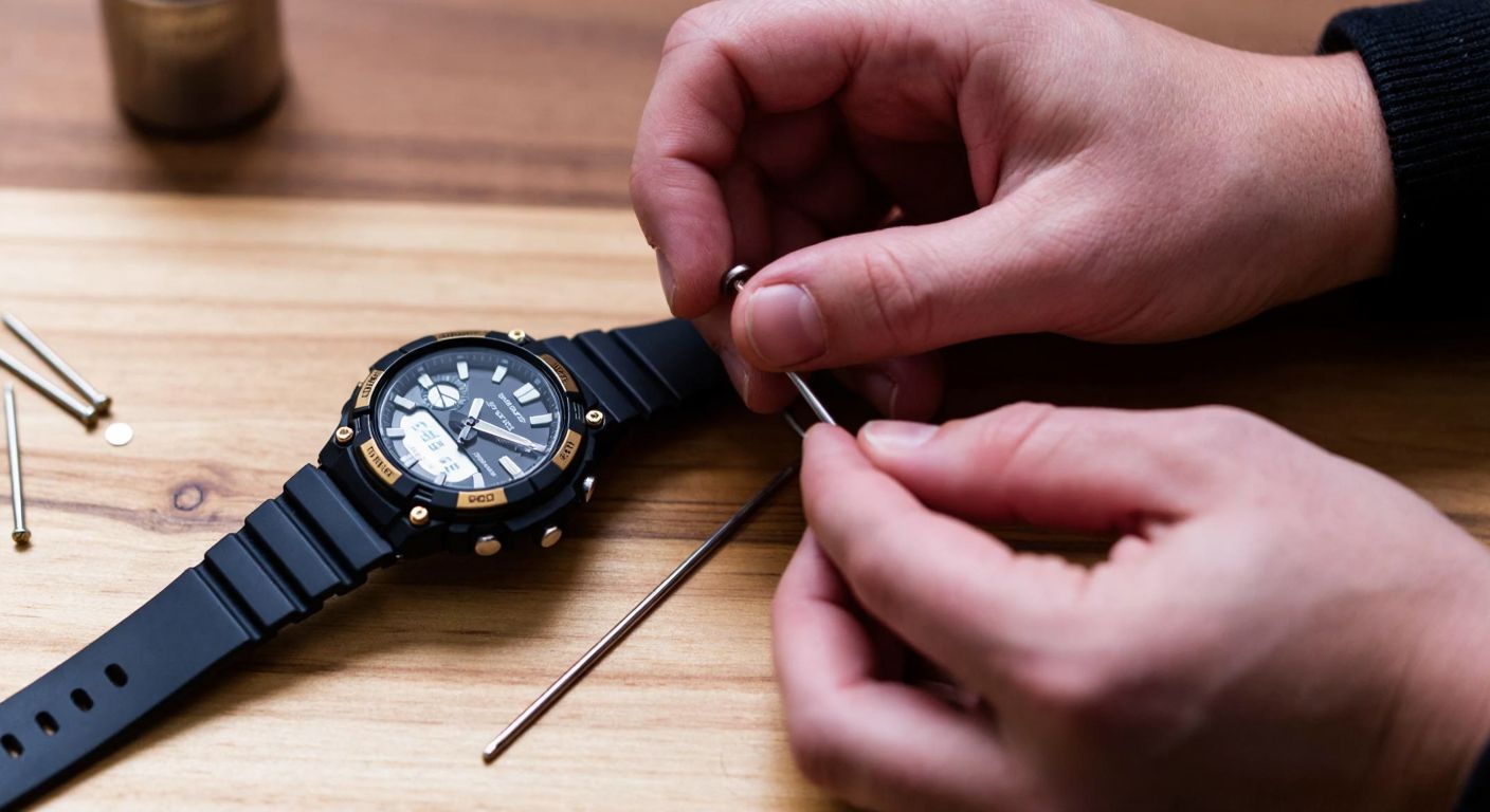 A close-up of a person's hands carefully inserting a small metal pin into the band of a Casio watch on a wooden table, with a needle and spare pins scattered nearby.