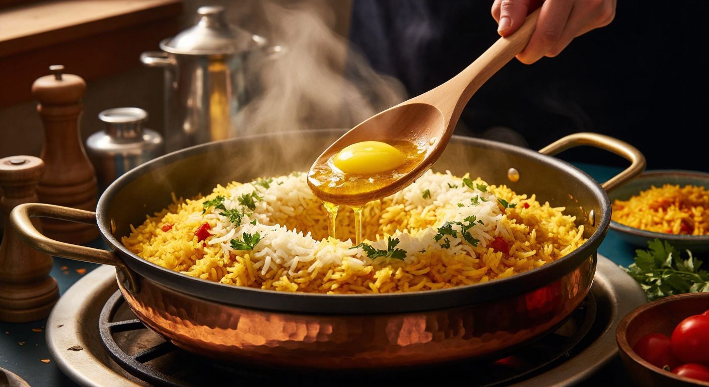 A warm Turkish kitchen with a bubbling pot of golden rice pilaf, where a wooden spoon swirls melted butter into shimmering olive oil, releasing rich aromas.