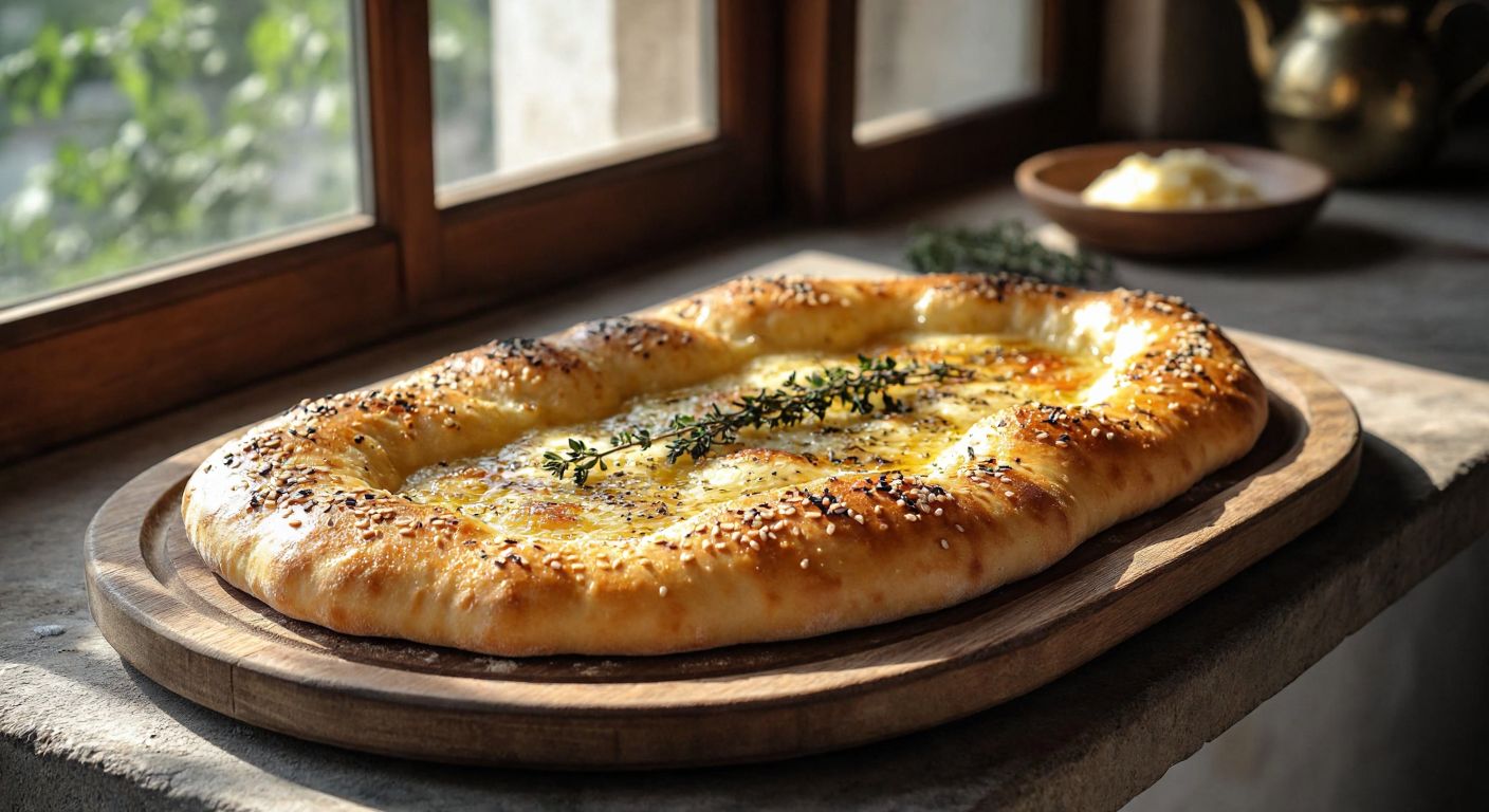 A warm, golden-brown flatbread, freshly baked and glistening with melted butter, sprinkled with sesame seeds and thyme, resting on a traditional wooden tray in a sunlit Diyarbakır kitchen.