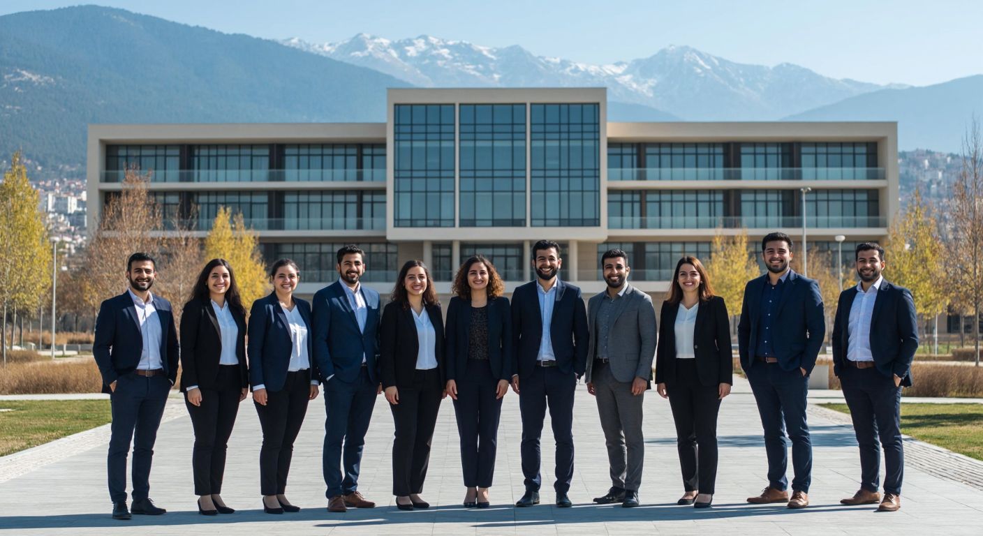 A group of diverse, smiling educators in formal attire standing proudly in front of a modern university building in Mersin, with the Toros Mountains faintly visible in the background.