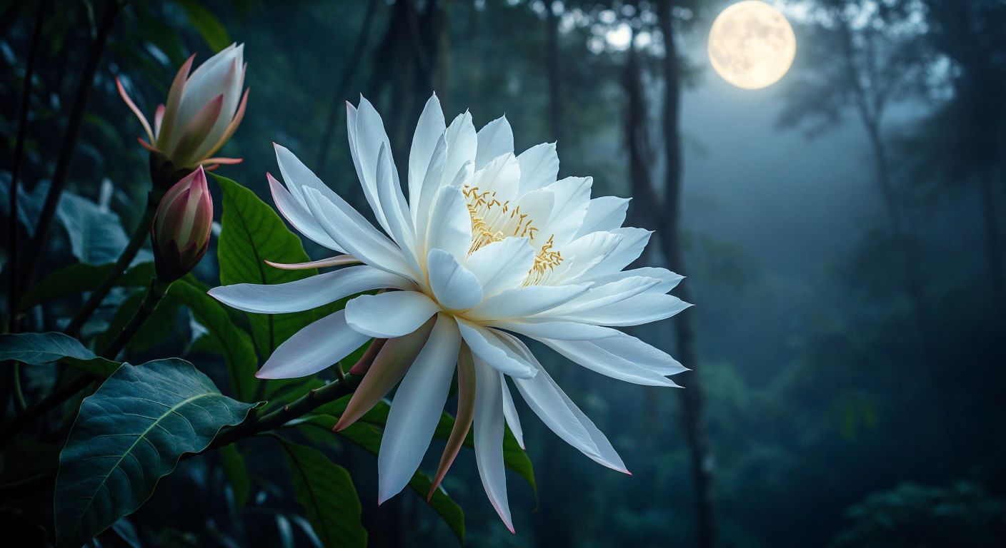 A lush, glowing Kadupul flower blooming under moonlight in a misty tropical forest, its delicate white petals shimmering against dark green leaves, symbolizing rarity and fleeting beauty.
