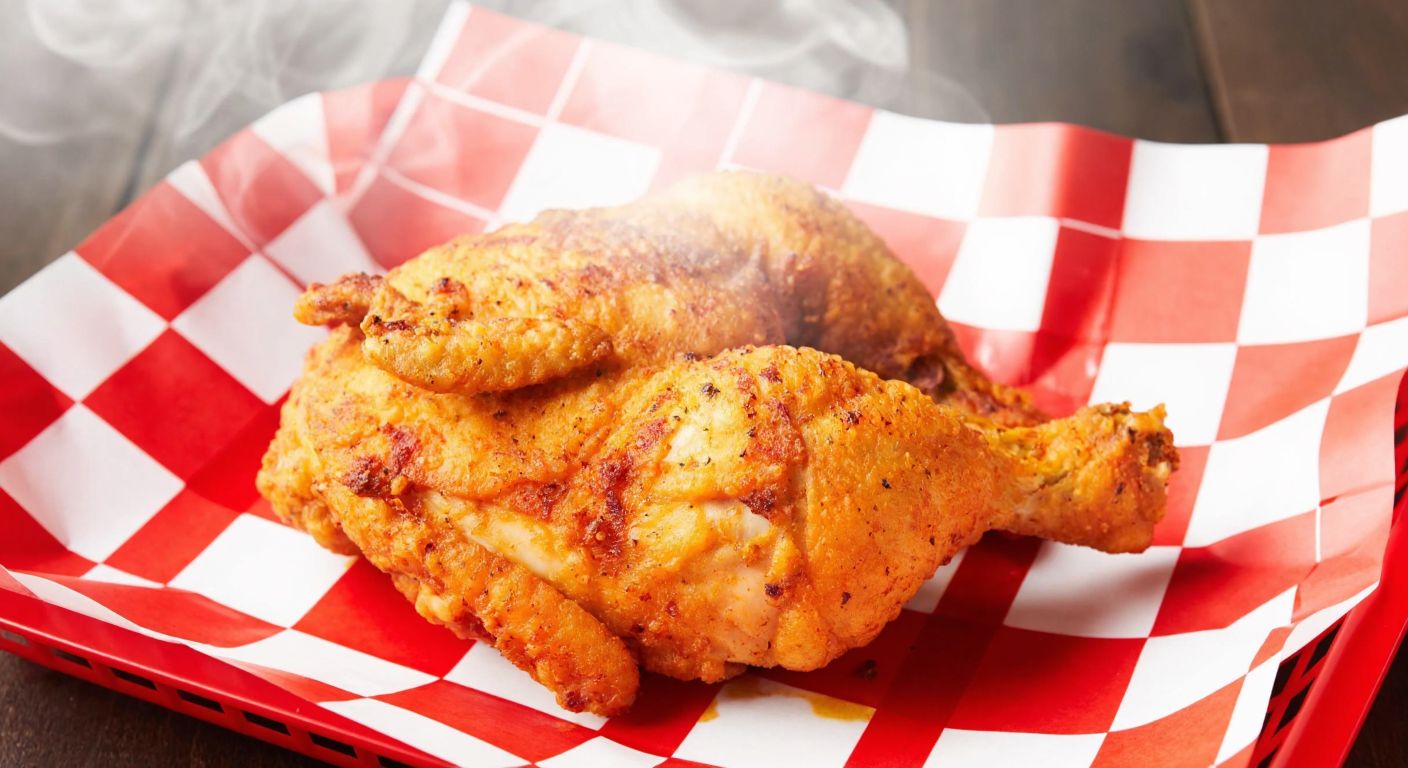 A crispy, golden-brown piece of KFC Fiery Grilled Chicken resting on a red-and-white checkered paper tray, with steam rising and a hint of spicy seasoning visible on its surface.