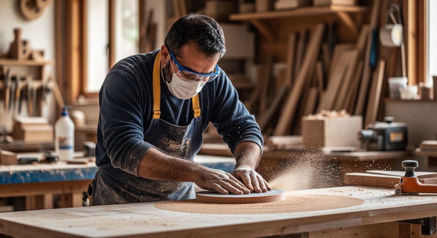 A Turkish craftsman in a woodworking workshop, wearing safety goggles and a dust mask, carefully sanding a wooden table with circular motions using a sandpaper sheet, surrounded by wood shavings and tools.