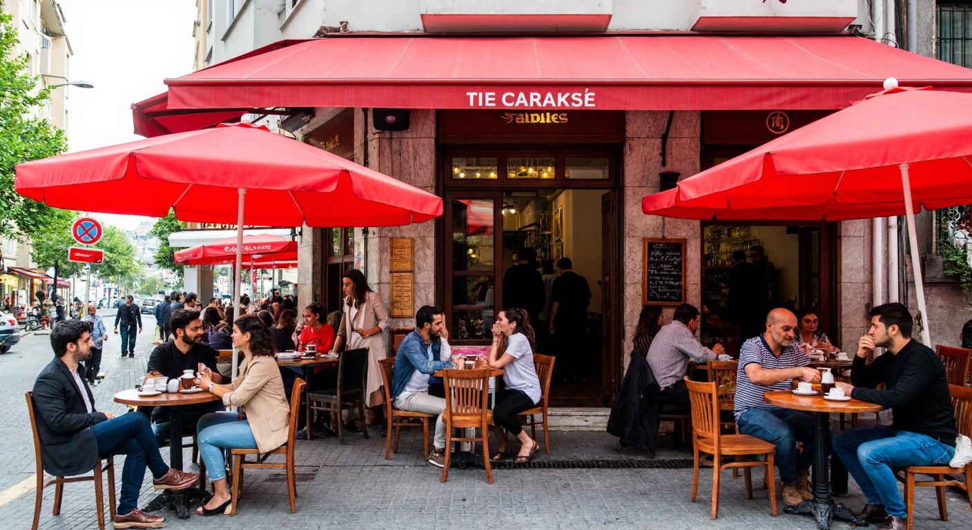 A bustling café with a red awning on a lively street in Istanbul, where people sit at small round tables sipping Turkish coffee under the shade of umbrellas.