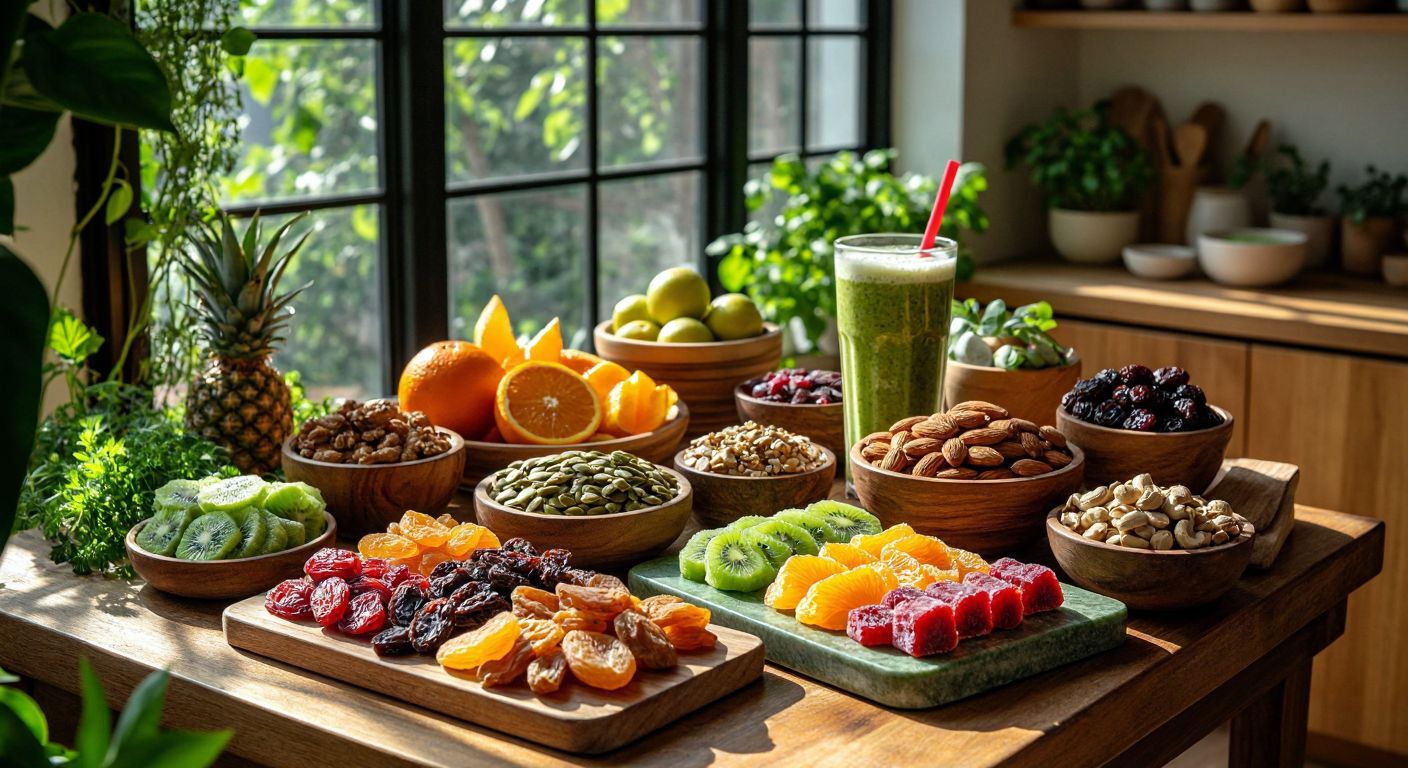 A vibrant wooden table in a sunlit Turkish kitchen displays an array of Rawsome products—colorful dried fruits, nuts, and energy bars—next to a fresh green smoothie and a small bowl of yogurt, evoking health and natural vitality.