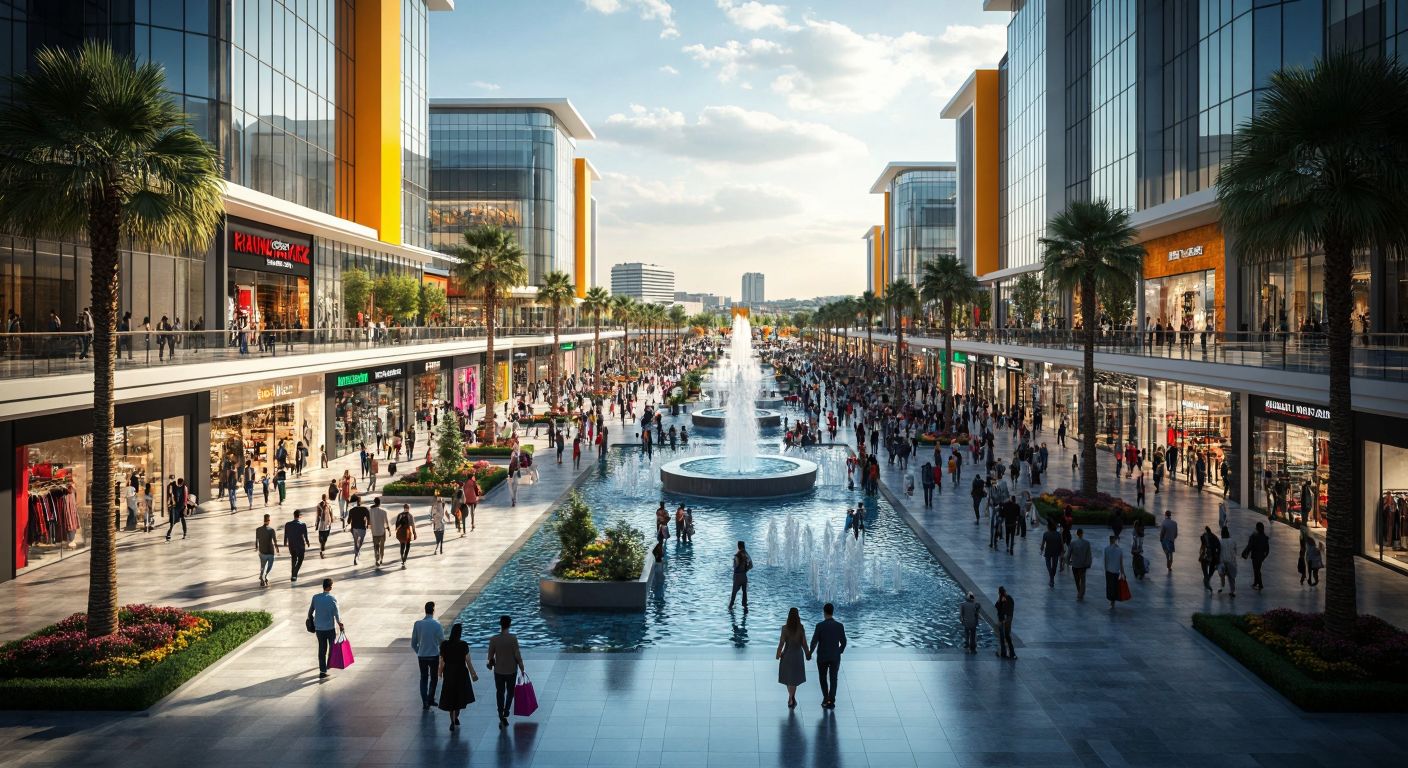 A vast, modern shopping mall in Ankara, with sleek glass facades and bustling crowds of Turkish shoppers carrying colorful bags, surrounded by fountains and palm trees under a bright sky.