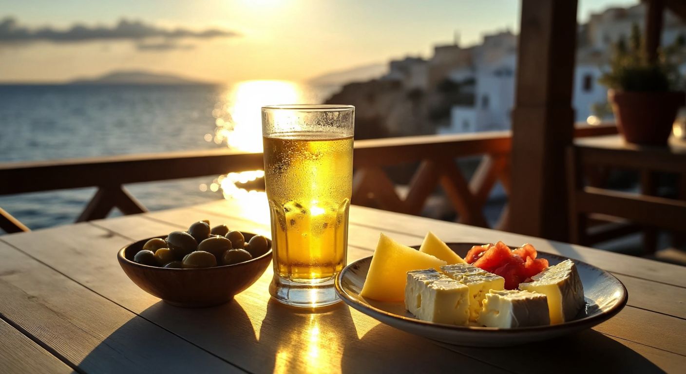 A golden glass of raki with a misty swirl, resting on a sunlit wooden table beside a small bowl of fresh mastic resin and a plate of meze with olives, cheese, and melon, evoking the aromatic essence of a breezy Aegean evening.