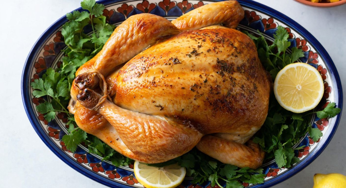 A plump, golden-brown roasted chicken with its back portion highlighted, resting on a traditional Turkish ceramic plate surrounded by fresh herbs and lemon wedges.