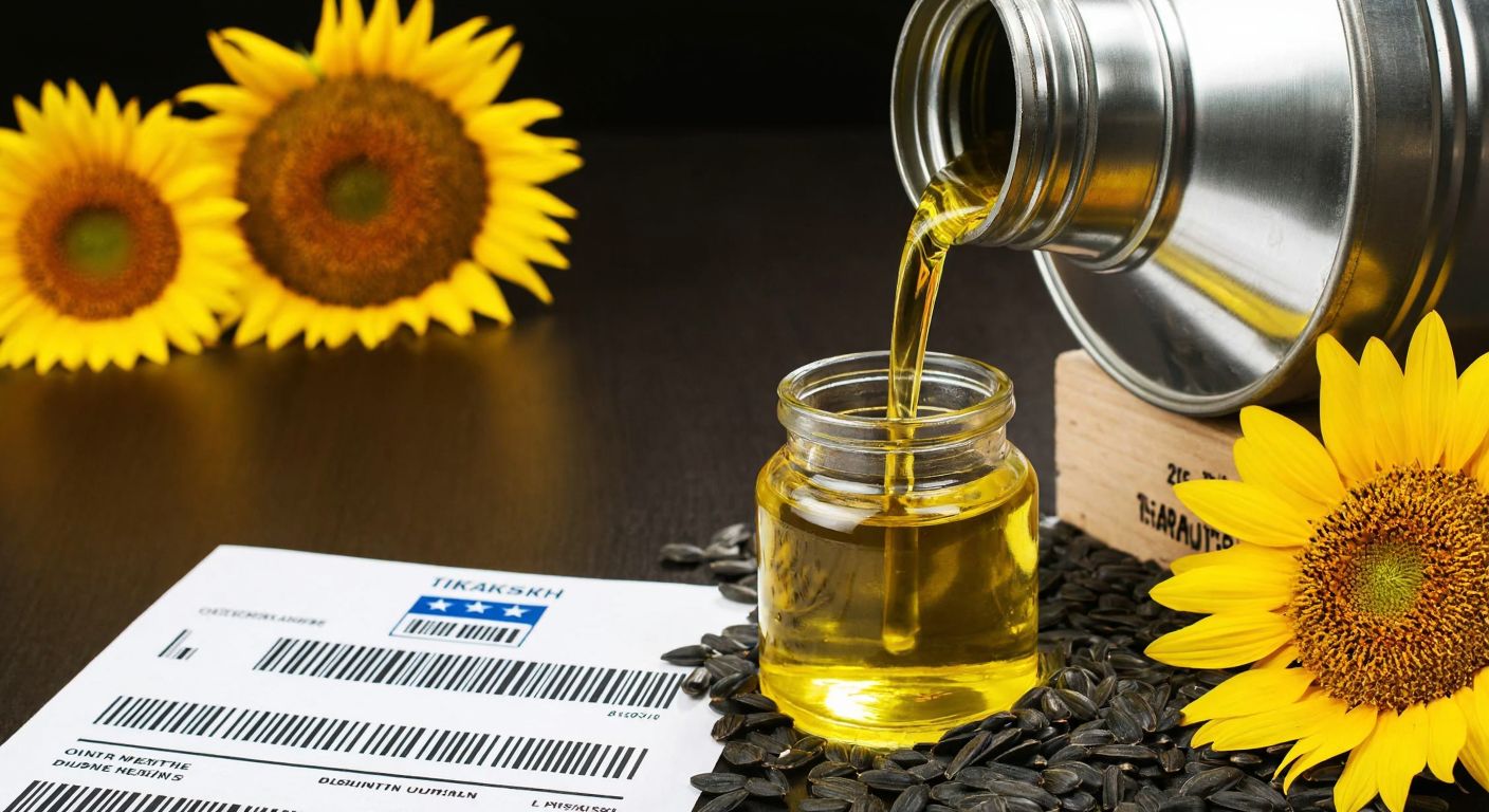 A golden stream of raw sunflower oil pouring from a steel drum into a glass bottle, surrounded by fresh sunflower seeds and a Turkish customs document with a barcode-free stamp in the background.