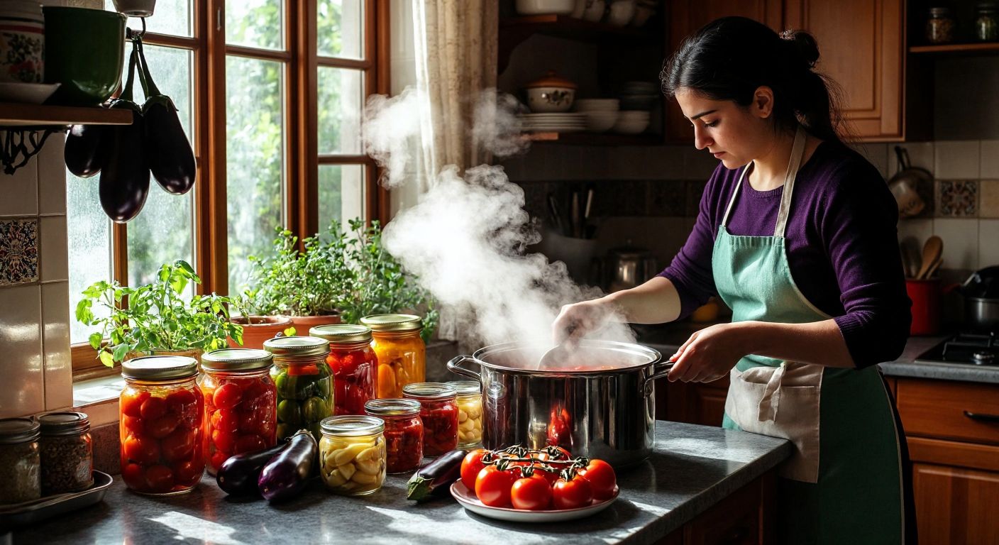 A Turkish kitchen counter with colorful glass jars filled with tomatoes, peppers, and eggplants, steam rising from a large pot of boiling water, and a woman in an apron carefully sealing a jar with a metal lid.