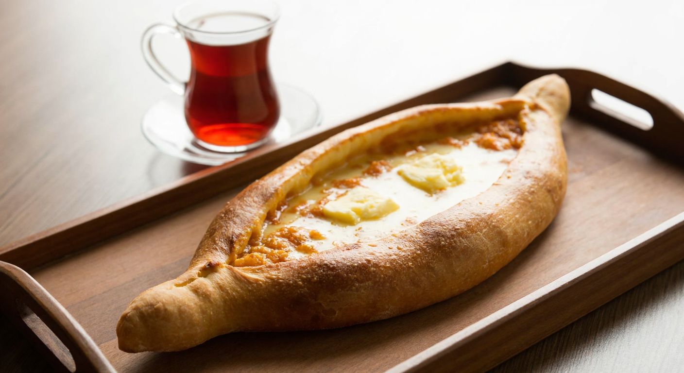 A golden, boat-shaped pide with melted cheese and butter glistening on top, served on a wooden tray beside a steaming cup of Turkish tea, evoking warmth and regional culinary pride.
