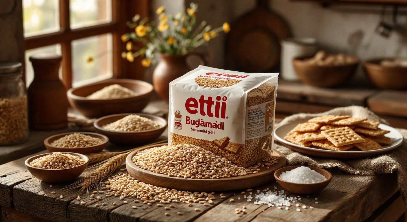 A rustic wooden table in a sunlit Turkish kitchen holds an open package of Eti Form Çok Tahıllı Buğday Patlağı, surrounded by scattered grains of wheat, bulgur, barley, and rye, with a small bowl of salt and a drizzle of golden sunflower oil nearby.