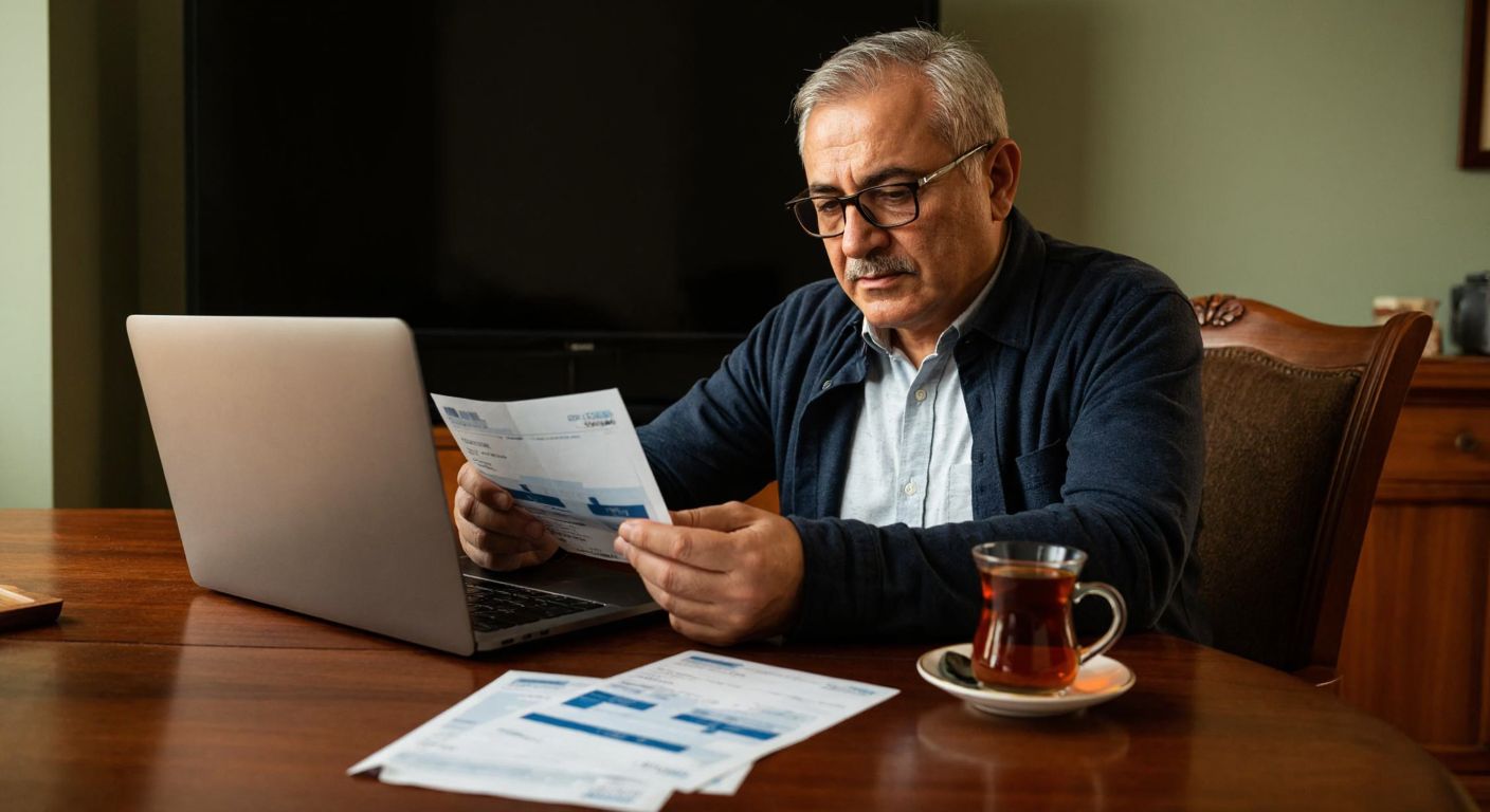 A focused middle-aged man in a cozy Turkish home, wearing glasses and a collared shirt, sits at a wooden desk with a printed electricity bill in hand, a laptop open nearby, and a steaming cup of Turkish tea on a saucer.